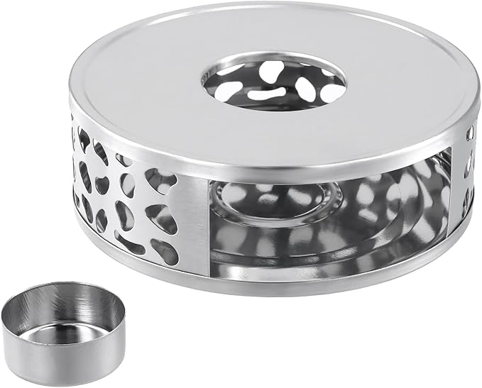 4 PCS Teapot Warmer, Silver Individual Teapot Heater with Tealight Holder, 430 Stainless Steel Tea Pot Warmer Base for Living, Meeting Room
