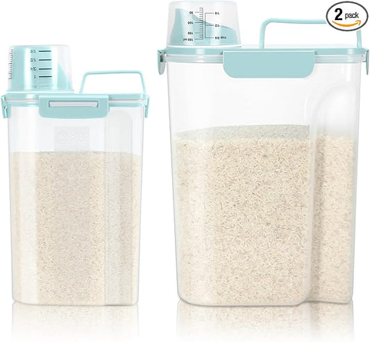 TBMax Rice Container 2 Pack, Airtight Cereal Container Oatmeal Storage with Easy-pouring Spout & Handy Cup for Flour Grain Beans, Pet Dog Cat Bird Food Storage Dispenser-Sky Blue