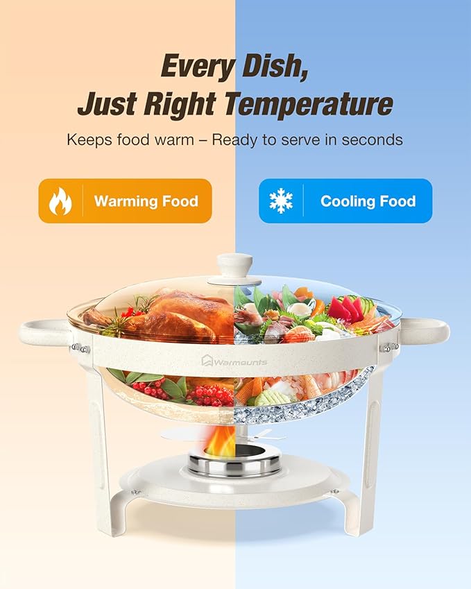 White Chafing Dishes for Buffet (5QT, 2Pack), Maifanite-Coated Round Chafers and Buffet Warmers Set w/Mirror-Polished Stainless Steel, Rolled Rim, Stackable, Lid Holder for Party, Wedding