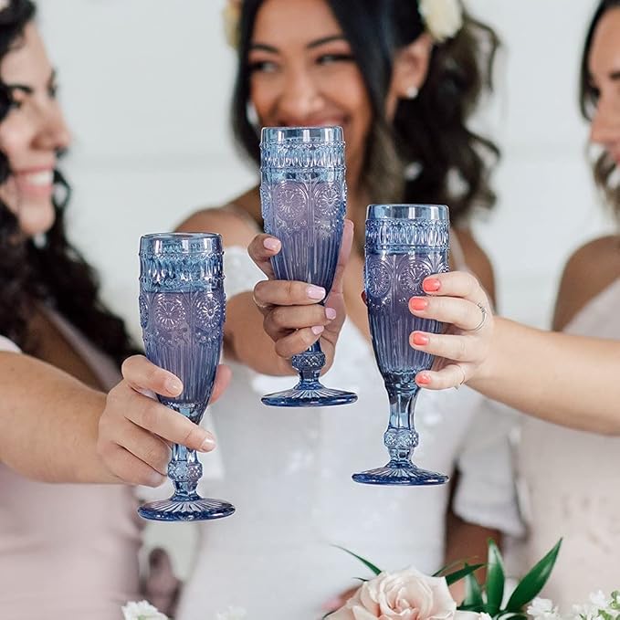 WEDDINGSTAR Vintage Style Pressed Glass Champagne Flute 6oz - Blue