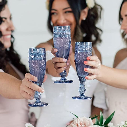 WEDDINGSTAR Vintage Style Pressed Glass Champagne Flute 6oz - Blue
