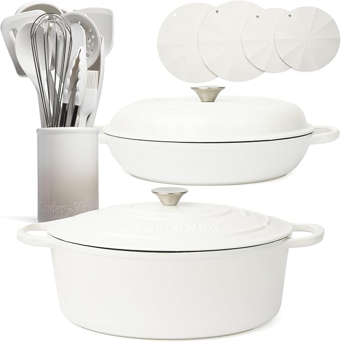 Larder & Vine 20 Piece Cookware Set (White) | Dutch Oven, Utensil Set, Braiser, and Trivets