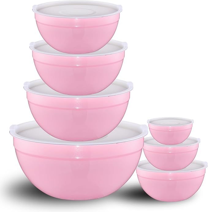 Pink Mixing Bowls with Lids Set of 7, Stainless Steel Nesting Bowl with Khaki Lid for Non-slip Mixing Prepping Storing Serving, 7 Sizes-7/3.6/2.7/2.1/1.5/1/0.8 QT