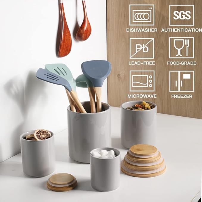 Sweejar Kitchen Canisters Ceramic Food Storage Jar Set, Stackable Containers with Airtight Seal Bamboo Lid for Serving Ground Coffee, Tea,Grains, Herbs,Sugar, Salt and More - Pack of 4（Gray）