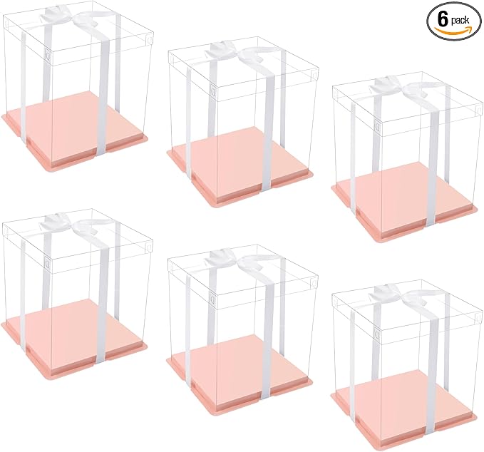 XININSUN pink clear cake box with ribbon,12x12x10inch tall cake boxes for tiered cake, transparent cake carrier, cake containers clear gift box for wedding, birthday, party(6pcs)