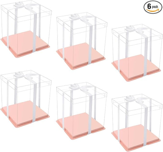 XININSUN pink clear cake box with ribbon,12x12x10inch tall cake boxes for tiered cake, transparent cake carrier, cake containers clear gift box for wedding, birthday, party(6pcs)