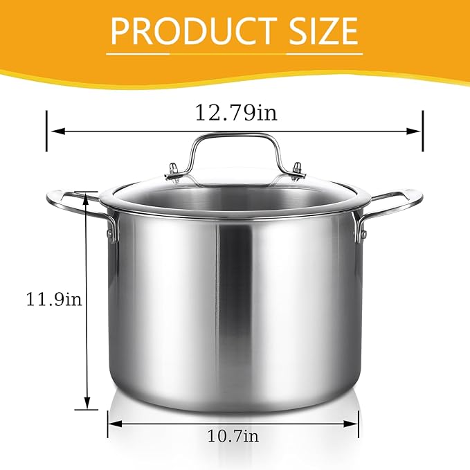 12-QT Stock Pot with Lid, Tri-Ply Stainless Steel for High Heat, Crock for Simmering, Clear Glass Lid, Double Handles, Dishwasher Safe