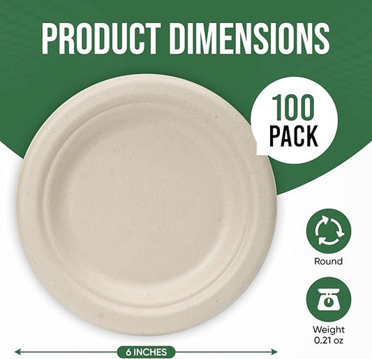 Paper Plates 6 Inches, 100 Pack Disposable Plates – 100% Compostable Plates, Water & Oil Proof Dessert Plates, Microwavable Small Paper Plates, Perfect Paper Plate For Party - Brown