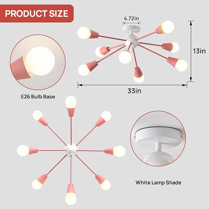 Pink Sputnik Chandelier Ceiling Light Fixture, 8-Lights Modern Sputnik Lights Fixture with E26 Base, Semi Flush Mount Ceiling Light for Bedroom Kitchen Dining Room Entryway