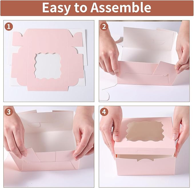 36 pcs 6x6x3 Inches Small Cake Box with Window, Bakery Pastry Cookie Boxes, Mini Pie for Pastry,Dessert,Strawberries,Chocolates, Cupcakes with paper stickers (Pink)