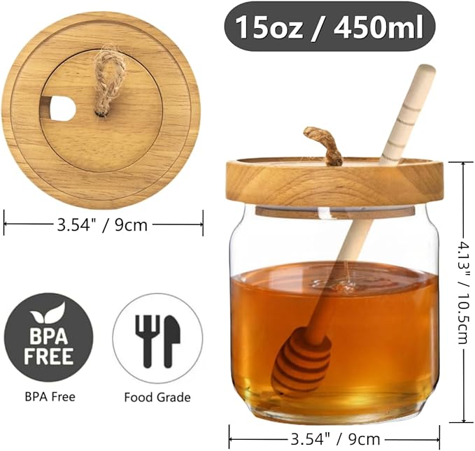 ANSQU 15oz Honey Pot, Airtight Glass Honey Jar with Wooden Lid and Dipper Stick, Honey Container for Storing Honey, Jam Mason Jar for Home Kitchen
