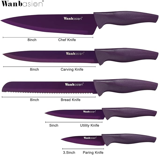 Wanbasion Purple 5 Piece Knife Set for Kitchen Professional, Stainless Steel, Kitchen Knife Set Dishwasher Safe with Covers