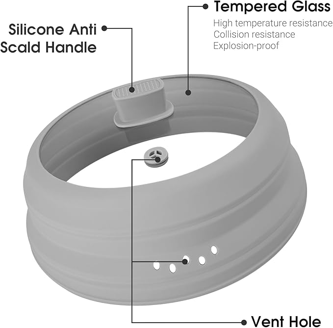 Microwave Splatter Cover Glass Microwave Cover for Food Collapsible Splatter Guard Lid with Silicone Handle for Pot Plate Bowl 9.8 Inch Gray
