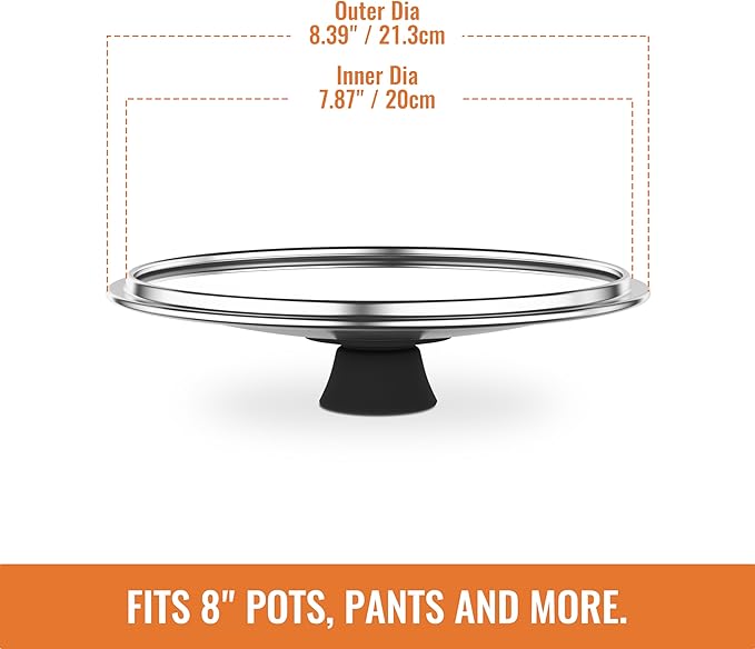 8 Inch Pan Lid For Pots Pans and Skillets, Cast Iron Skillet Lid, Tempered Glass Pan Lids, Replacement Pan Cover for Frying, Wok, Crock Pot Lid with Wide Stainless Steel Rim, Cooking Pot Covers