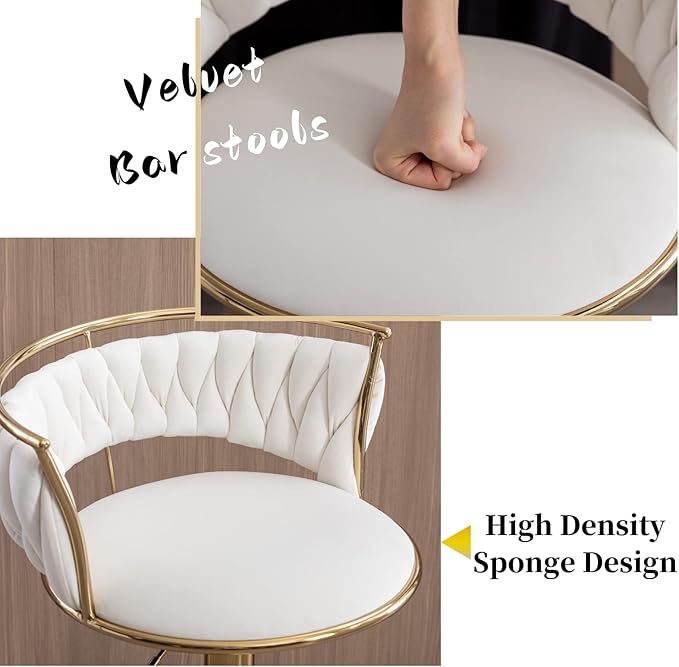LukeAlon Modern Velvet Adjustable Barstools Set of 3, 360° Swivel Counter Stools with Golden Base Upholstered Open Back Tall Bar Chairs with Footrest for Home Pub Kitchen, White