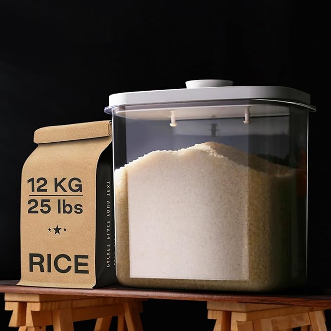 Rice Container - 25 Lbs/12KG/12L Rice Dispenser Storage with Measuring Cup Food Cereal Container Bins Pet Food Container Household for Kitchen Pantry Organization,White