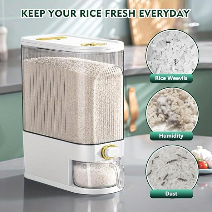 5kg/10kg Rice Dispenser - Large Pantry Storage Container with Measuring Cup & Time Markings | Kitchen Grain Dispenser for Cereal, Pasta, Dry Food | 11.02LB/22.05LB Capacity (22 lbs)