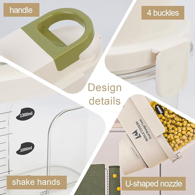 Cereal Containers Storage with Pour Spout Airtight Kitchen and Pantry Organization Canisters for Dry Food Nuts Flour and Sugar Container BPA Free Food Dispenser 1300ml (Green-2pcs)