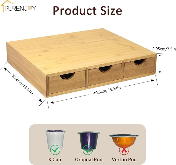Bamboo Coffee Pod Drawer，K Cup Organizer for Counter, Coffee Pod Holder Holds Up 36 K Cups or 54 Originalline Pods, Tea Bag Storage Organizer for Kitchen Counter Office with 3 Drawers