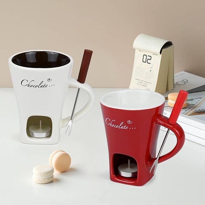 Sweet Fondue Cup for Chocolate Cheese Candy Butter - Chocolate Fondue Mug with Fork & 4 Candle, Mini Ceramic Chocolate Melting Cup, Personal Chocolate Melting Pot for Date Night Birthday Wedding (Red)