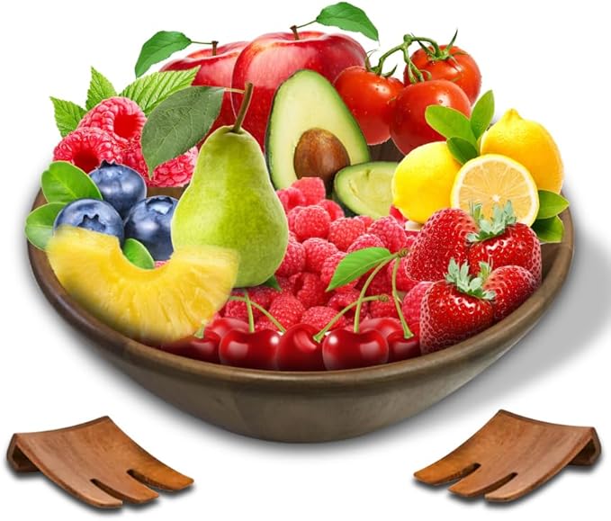 Acacia Wood Salad Serving Bowl Set – Large Wooden Bowl with Forks for Salads, Fruits & Meals – Easy to Clean, Food-Safe, Perfect for Entertaining & Gift Giving