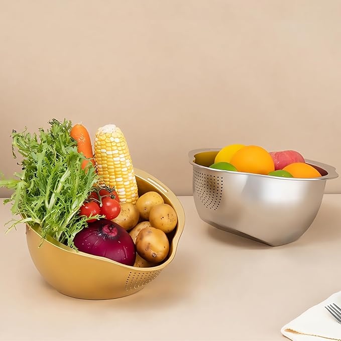 Rice Washer Strainer Bowl - 4-in-1 Washing Bowl for Quinoa, Stainless Steel Side Drainers Colander for Cleaning and Rinsing Fruits, Vegetables, and Beans - Versatile Kitchen Tool