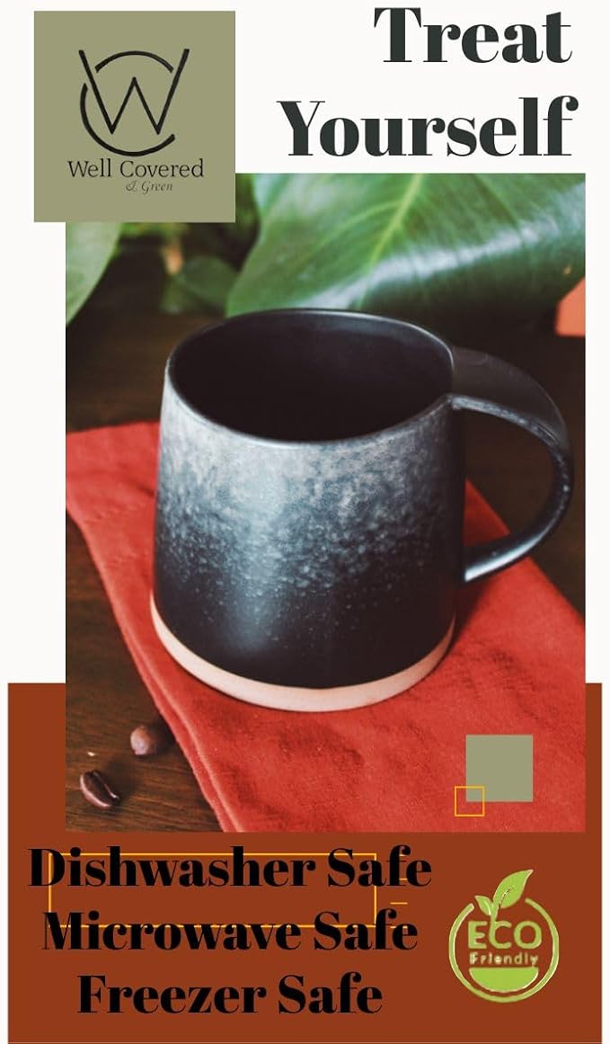 Well Covered & Green Original Night Glazed Ceramic Coffee Mug Set - 2 Vintage Japanese Style Cappucino Coffee Mugs - Stoneware Mug & Matcha Cup Gift Set - 2 x Black, 12oz