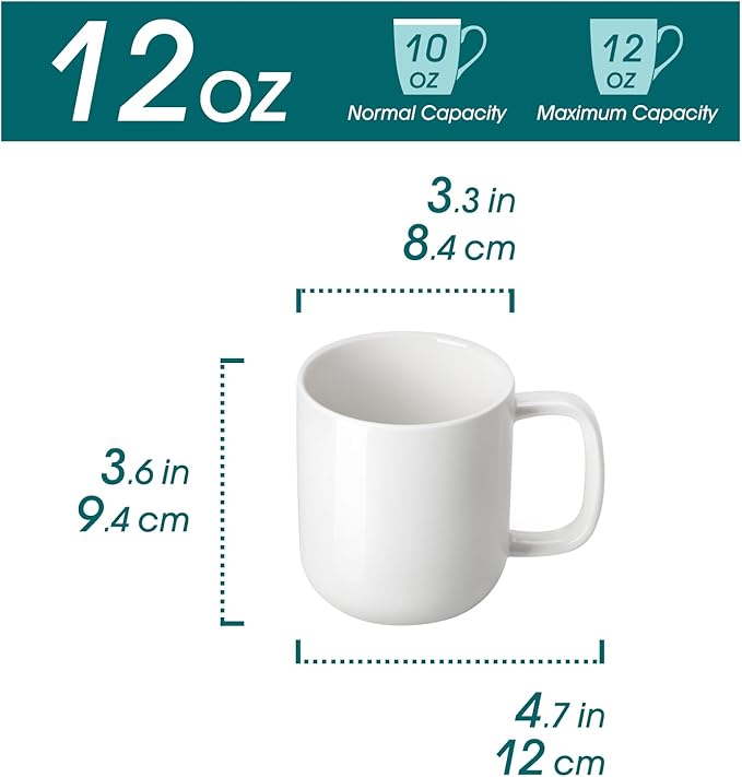 vancasso Porcelain Coffee Mugs Set, 12 oz Ceramic Coffee Cups for Latte Hot Tea Cappuccino Cocoa Milk Cups Set of 6, Dishwasher & Microwave Safe, White