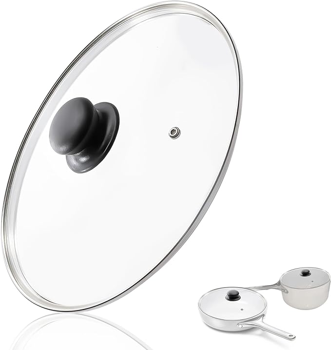 Tempered Glass Lid Compatible with Caraway Pans and Pots, 10.5" Pot Lid Replacement, Cooking Pot Lid Fit for Fry Pan, Dutch Oven and Stock Pot, with Easy to Grip Handle, Stainless Steel Rim, clear