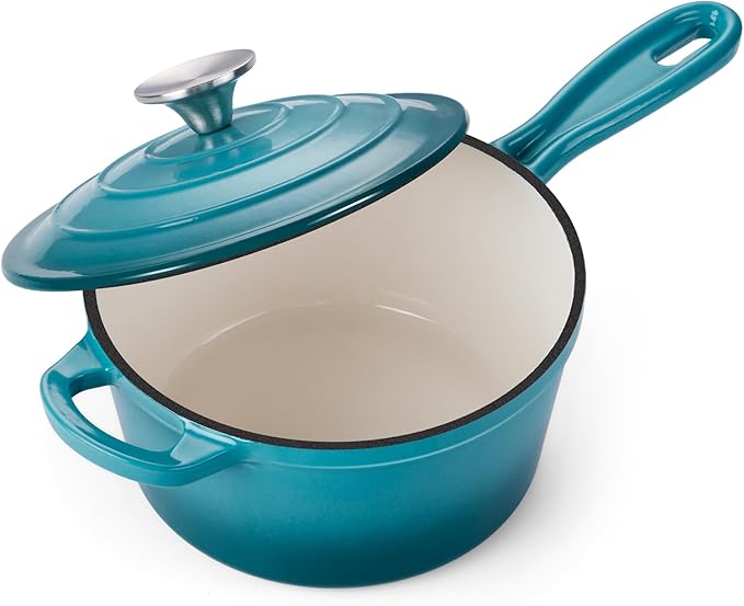 Onader Enameled Cast Iron Sauce Pan, 2QT Saucepan with Lid, Small Cast Iron Pot for Cooking, Enamel Dutch Oven Nonstick & Heavy Duty – Dark Cyan