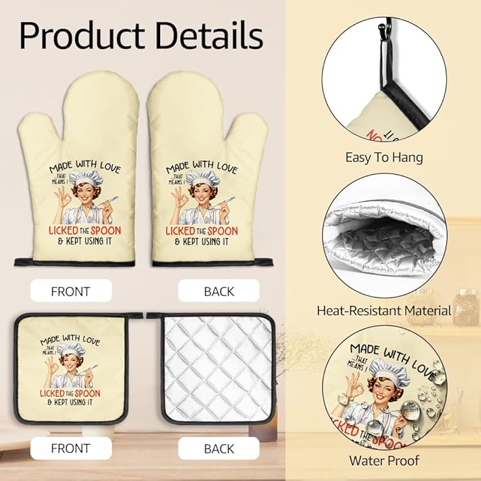 Made with Love Means I Licked The Spoon Oven Mitts and Pot Holders Sets, Funny Kitchen Oven Mitts for Women, Hostess Gifts for Mom Wife, Christmas Baking Gifts for Her Housewives Bakers