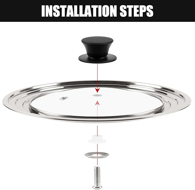 Universal Lid for Pots, Pans and Skillets, Fits 6.5, 7 and 8 Inch Cookware, Replacement Frying Pan Cover with Tempered Glass Top, Stainless Steel Cast Iron Skillet Lids - Heat Resistant Handle