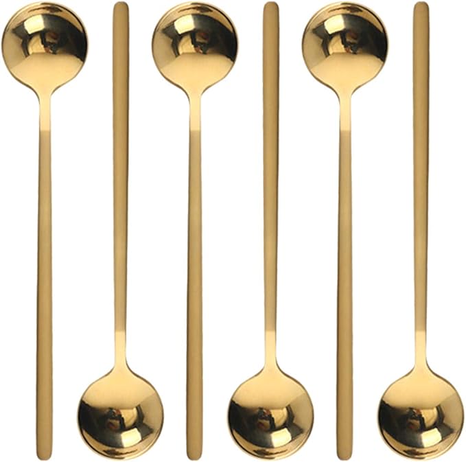 6 Pcs Golden Stainless Steel Round Dessert Spoons - Long Handle for Hot Chocolate, Ice Tea, Latte & Espresso