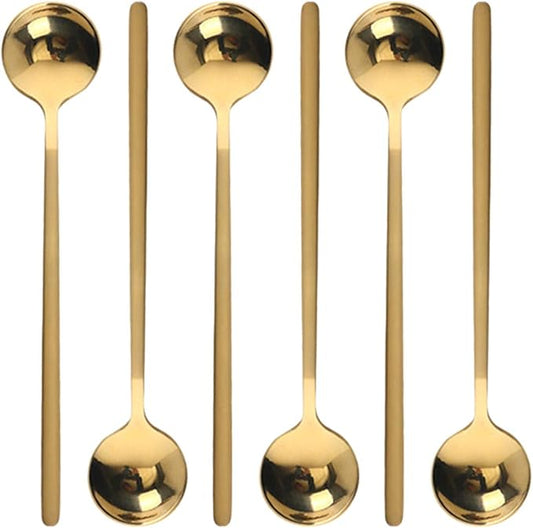 6 Pcs Golden Stainless Steel Round Dessert Spoons - Long Handle for Hot Chocolate, Ice Tea, Latte & Espresso