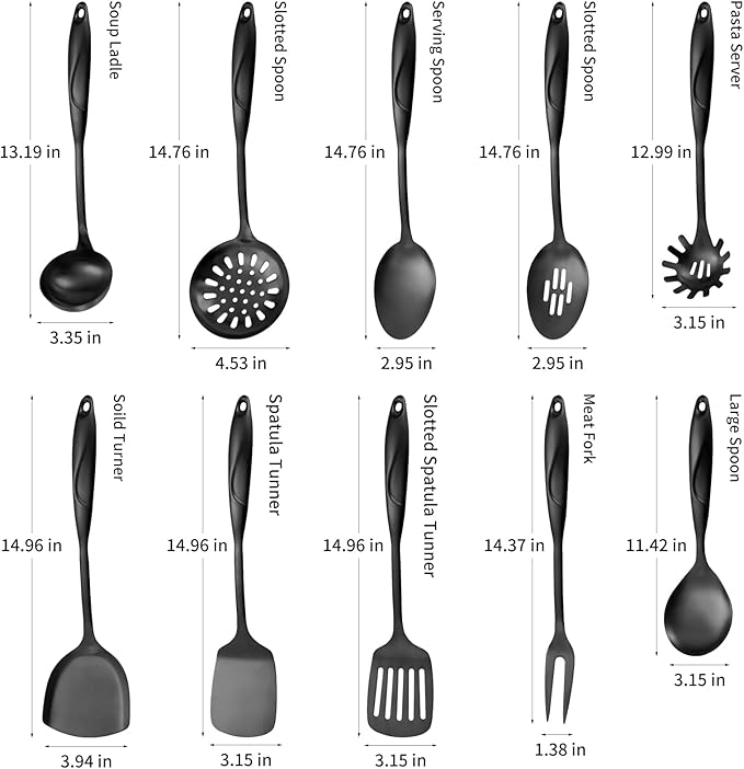 304 Stainlss Steel Kitchen Utensils Set, 10 Pcs Metal Cooking Utensil, Matte Kitchen Gadget Cookware and Kitchen Tool Set, Dishwasher Safe(Black)