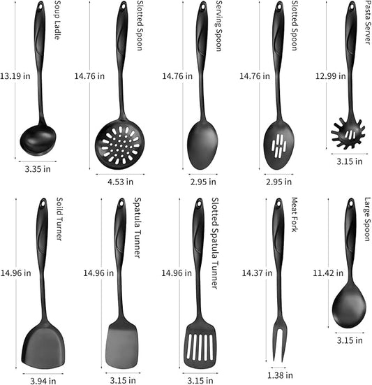 304 Stainlss Steel Kitchen Utensils Set, 10 Pcs Metal Cooking Utensil, Matte Kitchen Gadget Cookware and Kitchen Tool Set, Dishwasher Safe(Black)