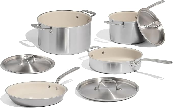 Made In Cookware - 7-Piece Ceramic Non Stick Pot and Pan Set (Stainless Handle) - 5-Ply Stainless Clad - Professional Cookware - Crafted in Italy - Induction Compatible