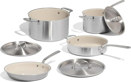 Made In Cookware - 7-Piece Ceramic Non Stick Pot and Pan Set (Stainless Handle) - 5-Ply Stainless Clad - Professional Cookware - Crafted in Italy - Induction Compatible