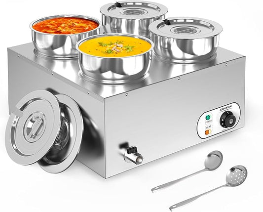 ROVSUN 30QT Commercial Soup Warmer, Electric Food Warmer Steam Table, 1500W Countertop Bain Marie with Four 7.4QT Pots, 86~185°F Adjustable Temperature, Lid and Tap for Buffet Restaurant