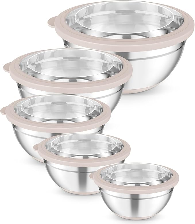 TeamFar Mixing Bowls, 5PCS Stainless Steel Serving Salad Bowls with Lids, For Kitchen Mixing/Baking/Storing/Prepping, Visible & Airtight, Non-Slip Bottom - 4.6/3.5/1.5/1 / 0.7 QT, Khaki