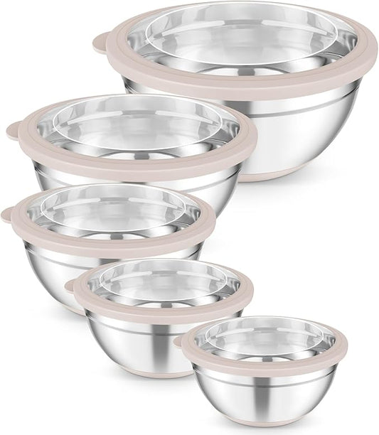 TeamFar Mixing Bowls, 5PCS Stainless Steel Serving Salad Bowls with Lids, For Kitchen Mixing/Baking/Storing/Prepping, Visible & Airtight, Non-Slip Bottom - 4.6/3.5/1.5/1 / 0.7 QT, Khaki