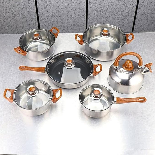 Cookware Set 12 Piece Kitchen Stainless Steel Cooking Pot & Pan Sets Induction Safe Saucepan Casserole Pan Glass Lid Pans