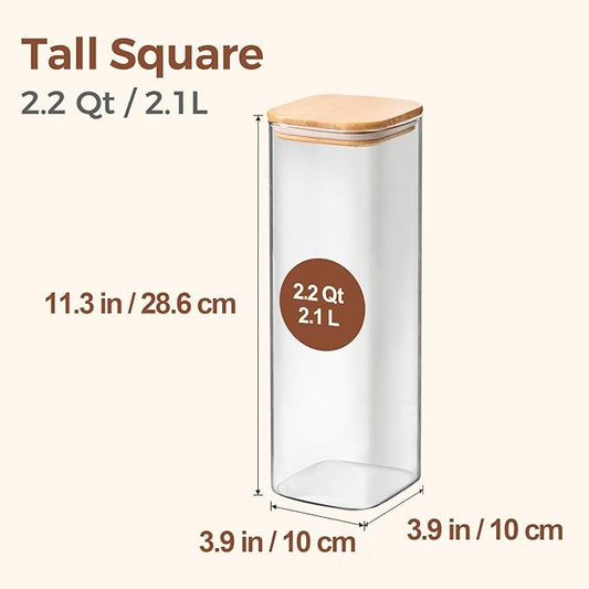 ComSaf Glass Spaghetti Pasta Storage Containers with Lids 2.2 Qt Set of 3, Tall Clear Airtight Food Storage Jar with Lid for Noodles Flour Oat Cereal Sugar Beans, Sqaure Spaghetti Pantry Containers