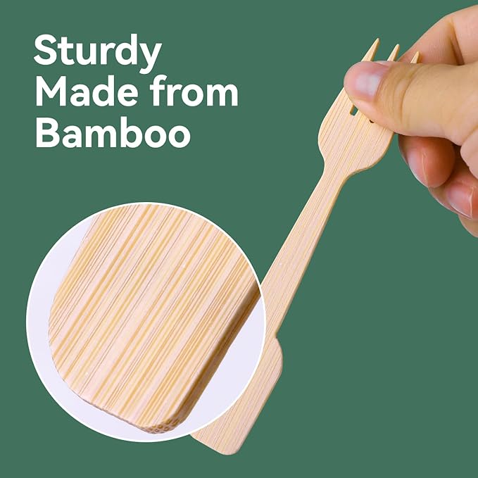 200 Bamboo Fork and Spoon 2 in 1, 4.72" Disposable Forks Spoons Combo Composatable Utensils for Charcuterie, Desserts, Appetizers, Snacks, Ice Cream, Small/Mini/Little Cutlery for Parties/Wedding