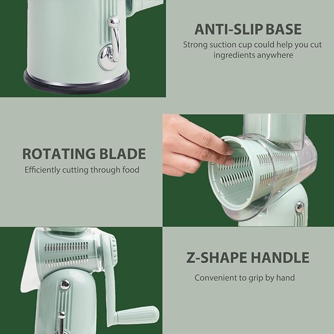 5 in 1 Rotary Cheese Grater, Cheese Shredder Hand Crank with Replaceable 10 Blades, Kitchen Strong Suction Base Salad Maker Cheese Slicers for Fruits and Vegetables