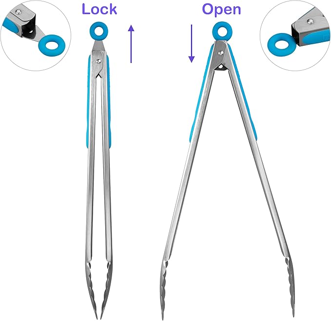 304 Stainless Steel Kitchen Cooking Tongs, 14" and 16" Set of 2 Sturdy Grilling Barbeque Brushed Locking Food Tongs with Ergonomic Grip, Blue