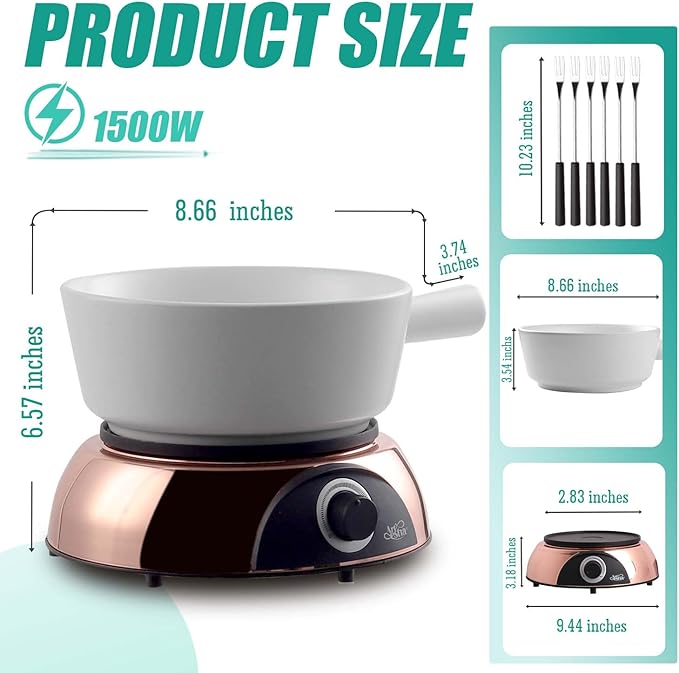 Artestia Electric Fondue Pot 2-QT 1500W, Dual-Use Swiss Fondue Set for Cheese & Chocolate Melting, Adjustable Temperature Control, White Ceramic Pot with Rose-Gold Base & 6 Forks