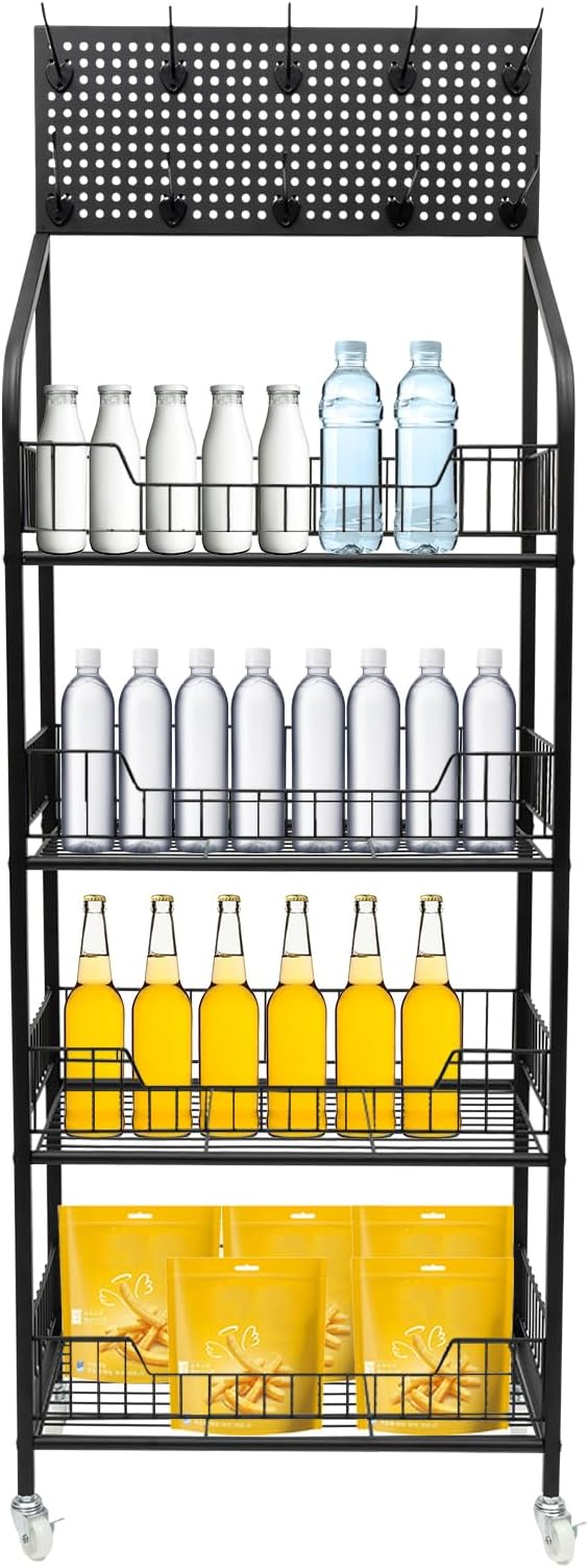 Retail Display Rack 4-Tier Market Merchandise Display Shelf with Wheels and 10 Hooks Metal Display Snack Metal Wire Shelving Movie Theater Candy Rack with Wheels for Home Store Market
