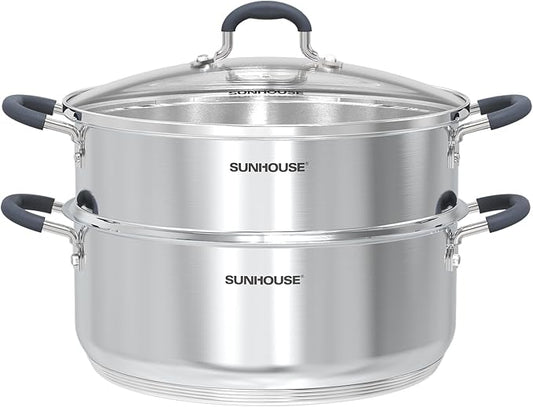 SUNHOUSE - 5.5 Quart Steamer Pots With Lid 2-Tier Multipurpose Stainless Steel Steaming Pot Cookware With Handle For Vegetable, Dumpling, Sauce, Food - Triple Bottom, Measurement Line