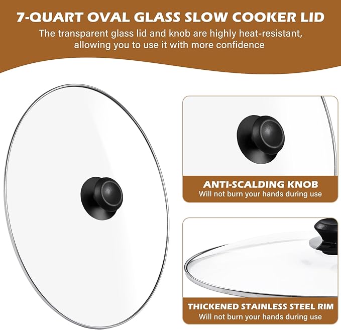 Oval Glass Lid 7 Quart Replacement for Crock Pot 7qt Slow Cooker SCV700SS and for Hamilton Beach Slow Cooker SCV700, 33474G, SCV700-KC, SCV700SS Replacement Oval 7 Quart Lids